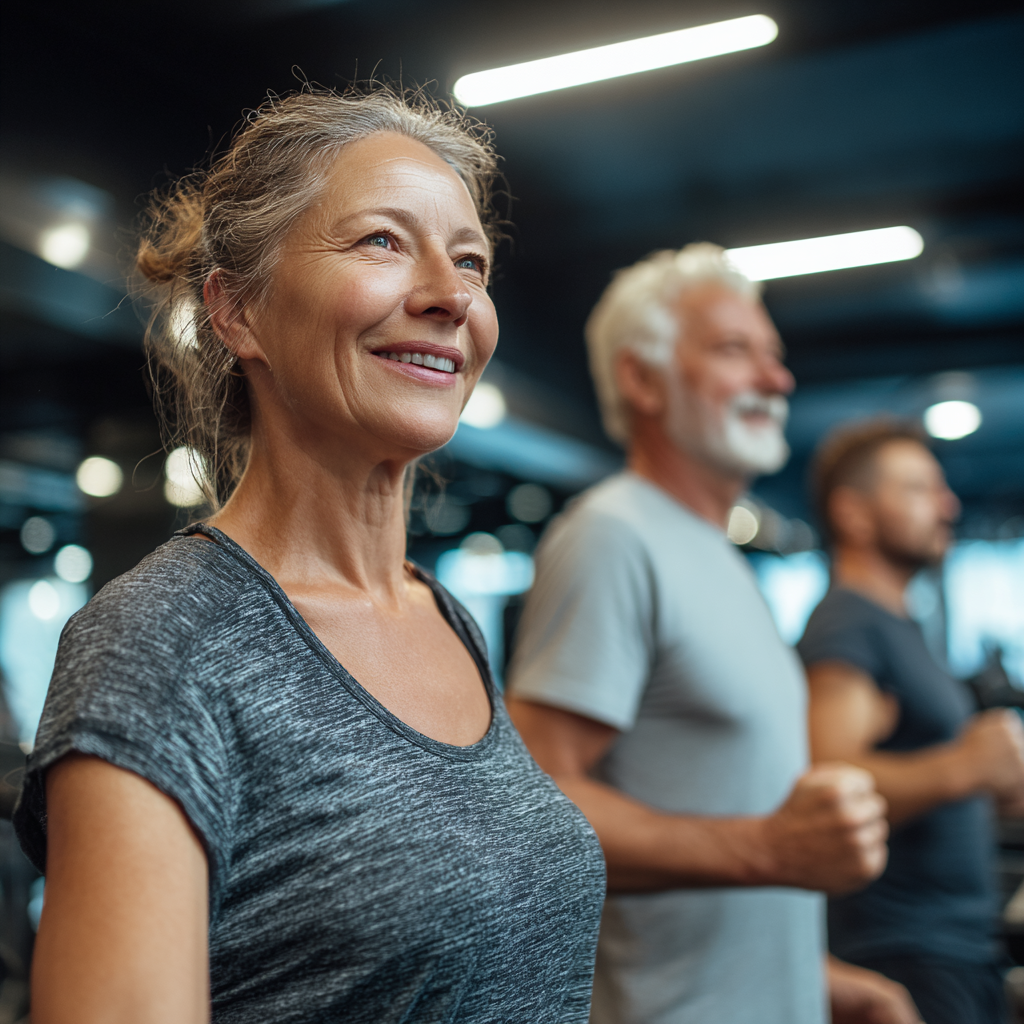 mature adults exercising with confidence in modern fitness environment