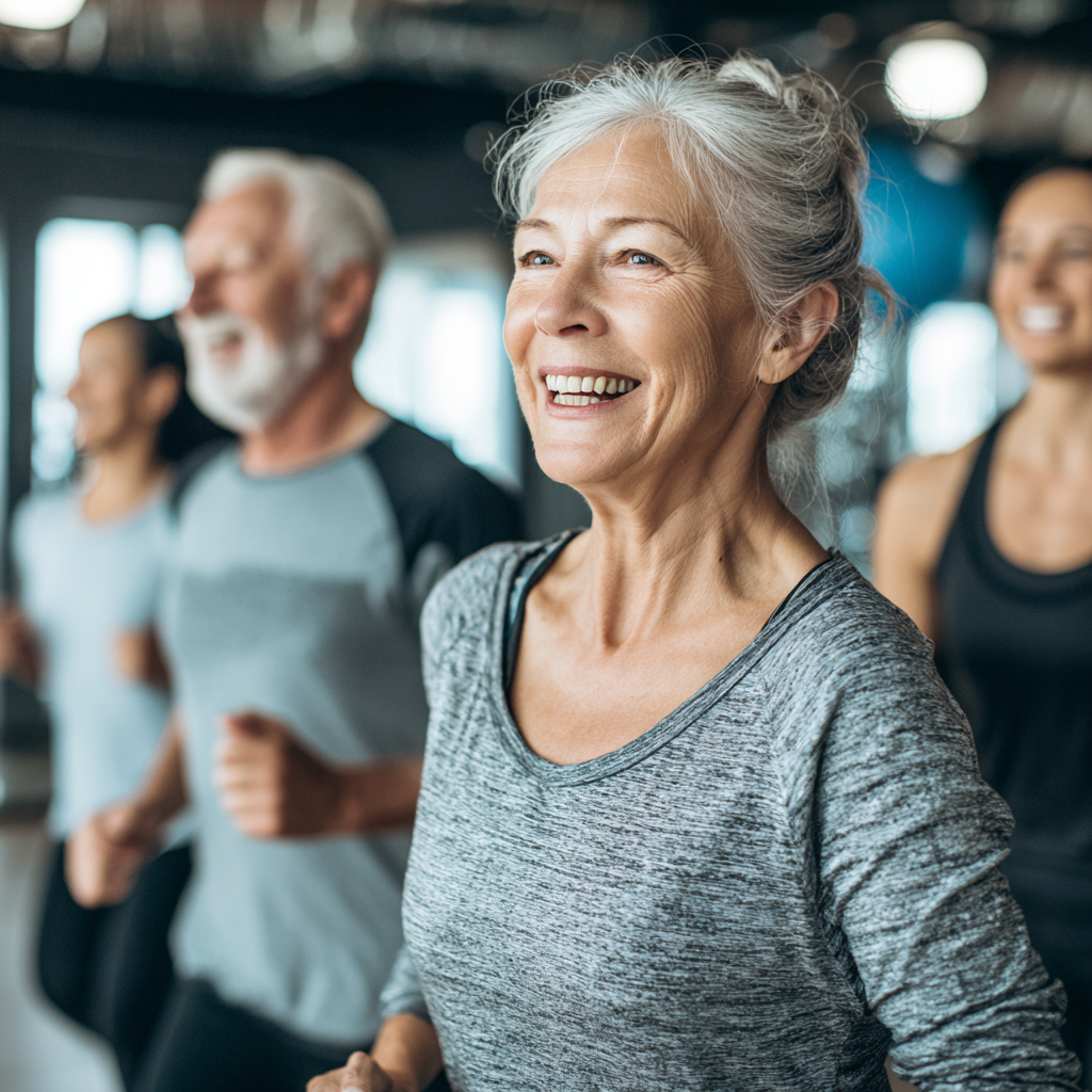 seniors enjoying cardio workout session in bright fitness studio